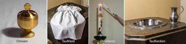 Symbole der Erstkommunion: v.l.n.r. Chrisam, Taufkleid Osterkerze, Taufbecken